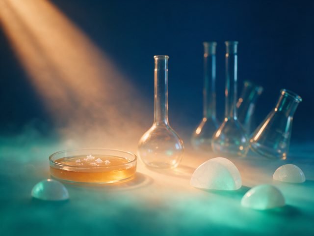 Laboratory glassware and a petri dish under soft amber and teal light, clean and hopeful