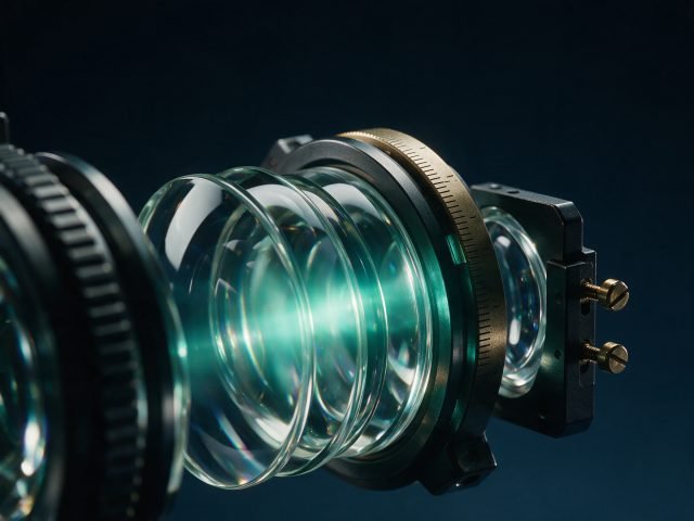 An optical refraction lens set with glass elements and brass dials, a teal light bloom passing through