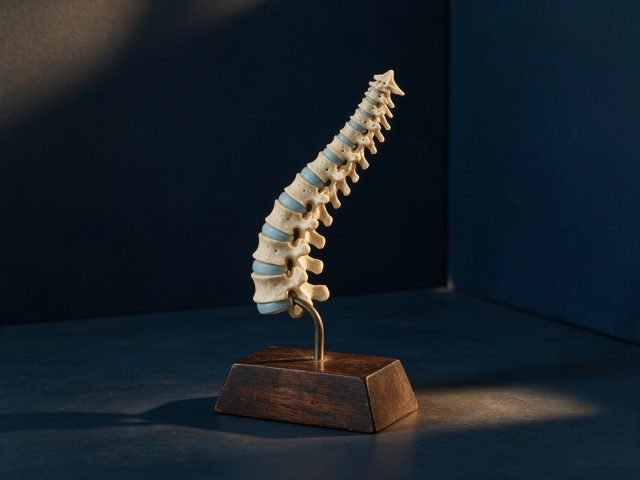 An anatomical spine model in warm directional light against a deep navy background, sculptural and calm
