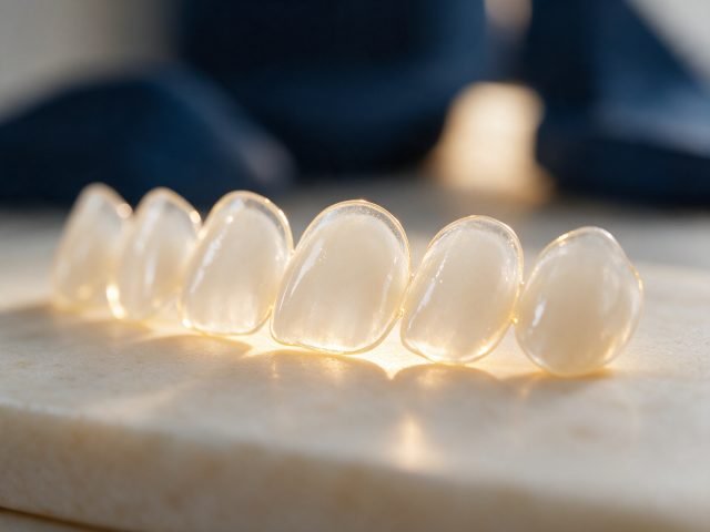 A row of translucent porcelain veneer shells on pale stone, edges catching warm backlight