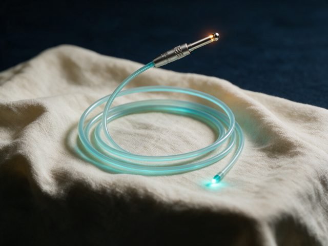 A coiled medical laser fibre glowing faint teal on cream cloth against a dark navy background