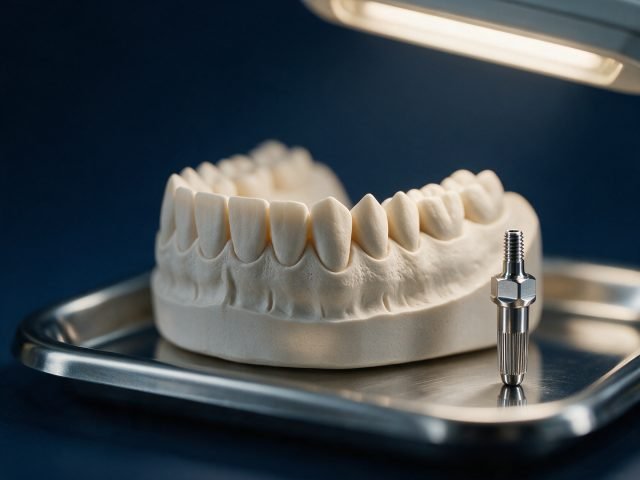A ceramic dental study model and a titanium implant post on a steel tray under cool cream light