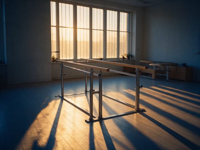 An empty physiotherapy studio at dawn with parallel bars, pale wooden floor and tall windows